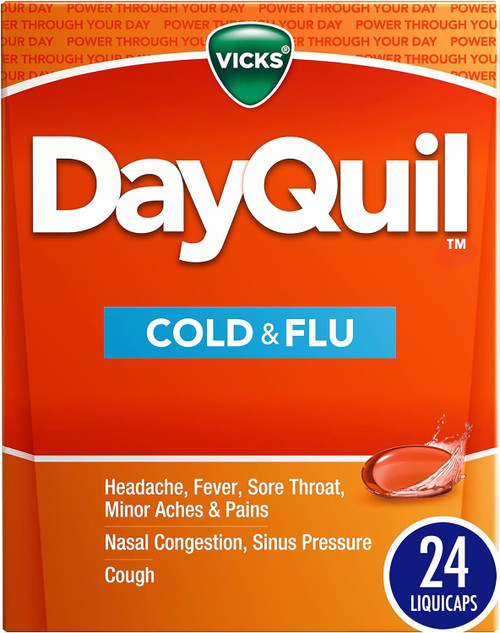 Vicks DayQuil Cold & Flu Medicine, Non-Drowsy Powerful Multi-Symptom Daytime Relief For Headache, Fever, Sore Throat, Minor Aches And Pains, Nasal Congestion, Sinus Pressure and Cough, 24 Liquicaps Vicks DayQuil Cold & Flu Medicine, Non-Drowsy Powerful Multi-Symptom Daytime Relief For Headache, Fever, Sore Throat, Minor Aches And Pains, Nasal Congestion, Sinus Pressure and Cough, 24 Liquicaps