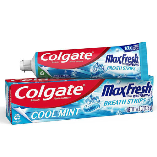 Colgate Max Fresh with Whitening Toothpaste with Mini Breath Strips, Cool Mint Toothpaste for Bad Breath, 6.3 Oz Tube Colgate Max Fresh with Whitening Toothpaste with Mini Breath Strips, Cool Mint Toothpaste for Bad Breath, 6.3 Oz Tube