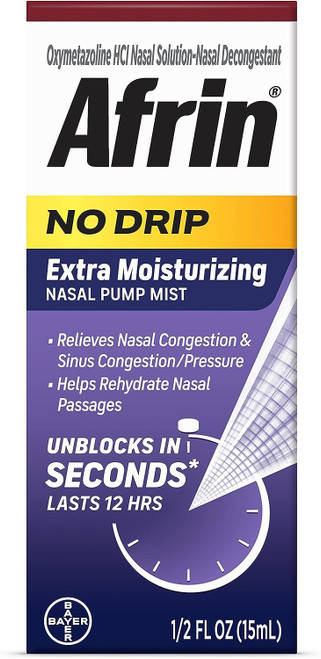 Afrin No Drip Extra Moisturizing 12 Hour Nasal Congestion Relief Pump Mist, Sinus Spray Decongestant - 15 mL Afrin No Drip Extra Moisturizing 12 Hour Nasal Congestion Relief Pump Mist, Sinus Spray Decongestant - 15 mL