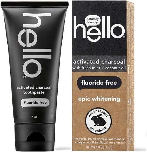 Hello Activated Charcoal Epic Teeth Whitening Fluoride Free Toothpaste, Fresh Mint and Coconut Oil, Vegan, SLS Free, Gluten Free and Peroxide Free, 4 Ounce Hello Activated Charcoal Epic Teeth Whitening Fluoride Free Toothpaste, Fresh Mint and Coconut Oil, Vegan, SLS Free, Gluten Free and Peroxide Free, 4 Ounce