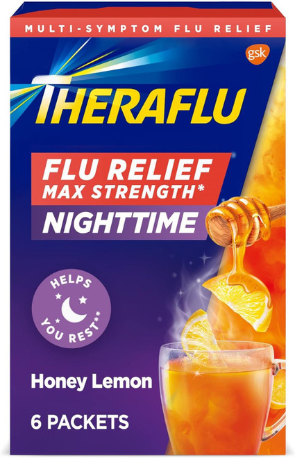 Theraflu Max Strength Nighttime Flu Medicine for Flu Symptom Relief with Acetaminophen, Dextromethorphan HBr, and Chlorpheniramine Maleate, Honey Lemon Flavored - 6 Powder Packets Theraflu Max Strength Nighttime Flu Medicine for Flu Symptom Relief with Acetaminophen, Dextromethorphan HBr, and Chlorpheniramine Maleate, Honey Lemon Flavored - 6 Powder Packets