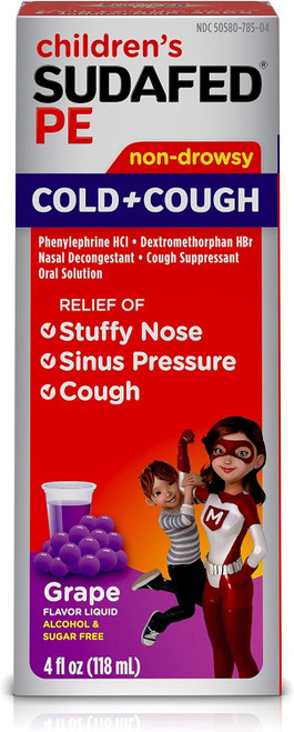 CHILDREN'S SUDAFED PE Nasal Decongestant, Cough Suppressant COLD + COUGH Non-Drowsy, Grape Flavor 4 fl oz CHILDREN'S SUDAFED PE Nasal Decongestant, Cough Suppressant COLD + COUGH Non-Drowsy, Grape Flavor 4 fl oz