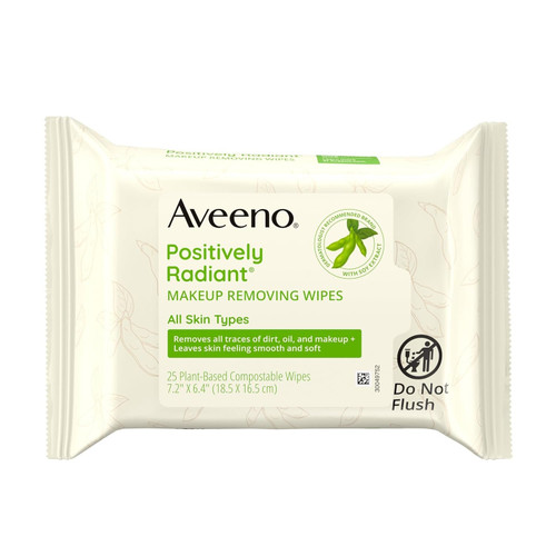 Aveeno Positively Radiant Oil-Free Makeup Removing Facial Cleansing Wipes to Help Even Skin Tone & Texture with Moisture-Rich Soy Extract, Gentle & Non-Comedogenic, 25 ct.