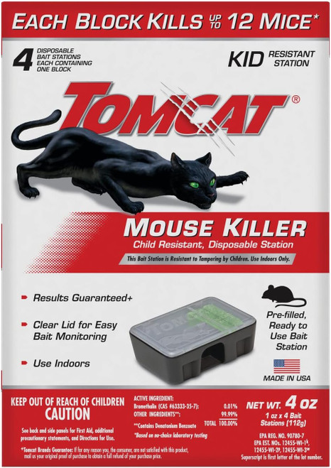 Tomcat Mouse Killer Child Resistant, Disposable Station, 4 Pre-Filled Ready-To-Use Bait Stations