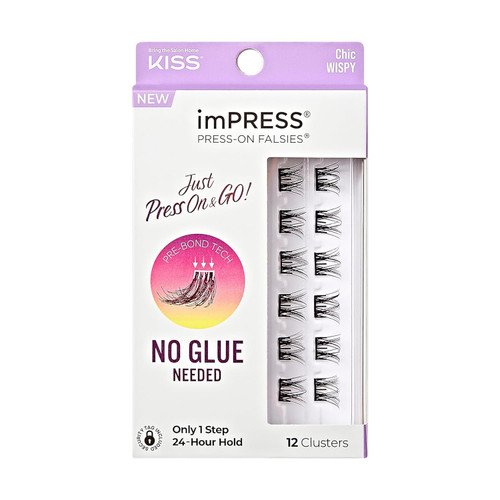KISS imPRESS False Eyelashes, Lash Clusters, Falsies, Chic Wispy', 12mm-14mm, Includes 12 pieces of pre-bonded lashes, Contact Lens Friendly, Easy to Apply, Reusable Strip Lashes