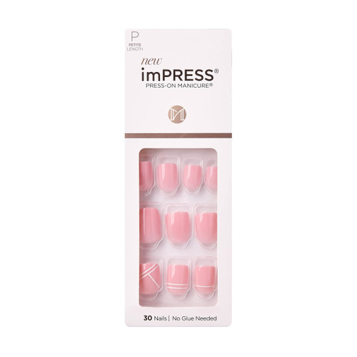 KISS imPRESS No Glue Mani Press On Nails, Design, Timeless Day', Pink, Petite Size, Squoval Shape, Includes 30 Nails, Prep Pad, Instructions Sheet, 1 Manicure Stick, 1 Mini File