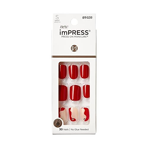 KISS imPRESS No Glue Mani Press On Nails, Design, 'Adore You', Red, Short Size, Squoval Shape, Includes 30 Nails, Prep Pad, Instructions Sheet, 1 Manicure Stick, 1 Mini File