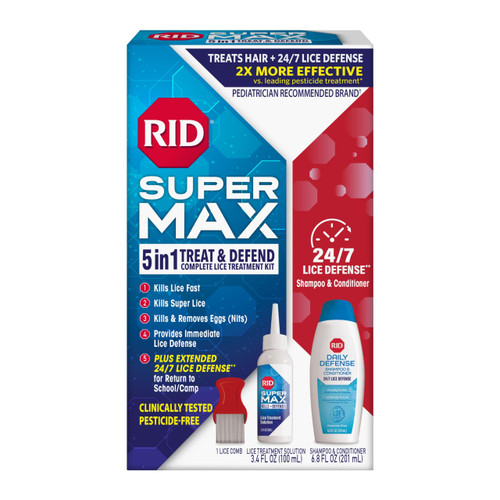 RID Super Max Lice Treatment Kit, Kills Lice & Super Lice & Eggs + 24/7 Lice Defense, Pesticide Free, 3.4 FL OZ Solution + 6.8 FL OZ Daily Defense Shampoo & Conditioner + Nit Removal Comb RID Super Max Lice Treatment Kit, Kills Lice & Super Lice & Eggs + 24/7 Lice Defense, Pesticide Free, 3.4 FL OZ Solution + 6.8 FL OZ Daily Defense Shampoo & Conditioner + Nit Removal Comb
