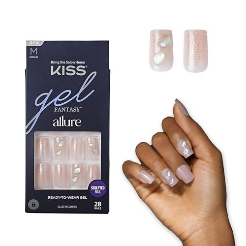 KISS Gel Fantasy Allure Ready-To-Wear Fake Nails – Medium, Square - Transformation, Salon Quality, Smudge Proof, Waterproof, Durable, Wearable, Flexible, Chip Proof, Gorgeous & Shiny | 28 Count