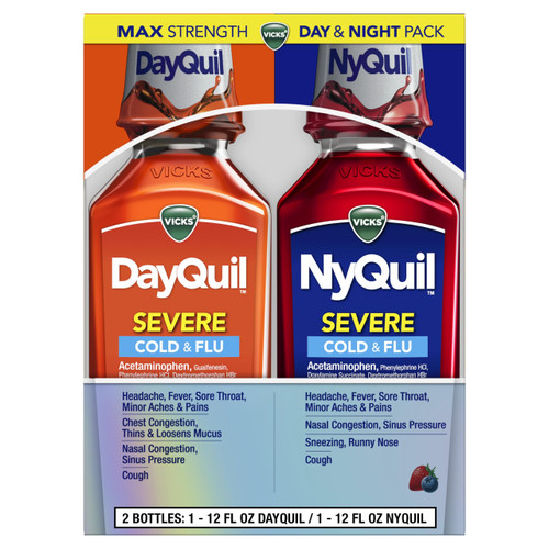 Vicks DayQuil & NyQuil SEVERE Cold & Flu Medicine, Relief for Headache, Fever, Sore Throat, Minor Aches & Pains, Nasal Congestion, Sinus Pressure, Stuffy Nose, and Cough, Co-Pack, 2 x 12 OZ Vicks DayQuil & NyQuil SEVERE Cold & Flu Medicine, Relief for Headache, Fever, Sore Throat, Minor Aches & Pains, Nasal Congestion, Sinus Pressure, Stuffy Nose, and Cough, Co-Pack, 2 x 12 OZ