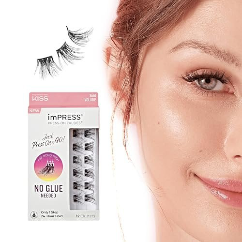 KISS imPRESS False Eyelashes, Lash Clusters, Falsies, Bold Natural', 12mm-14mm, Includes 12 pieces of pre-bonded lashes, Contact Lens Friendly, Easy to Apply, Reusable Strip Lashes