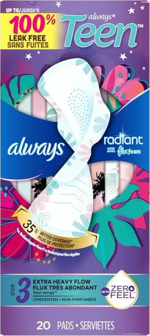 Always Radiant Teen Pads, Size 3, Extra Heavy, with Wings, Unscented, 20 Count