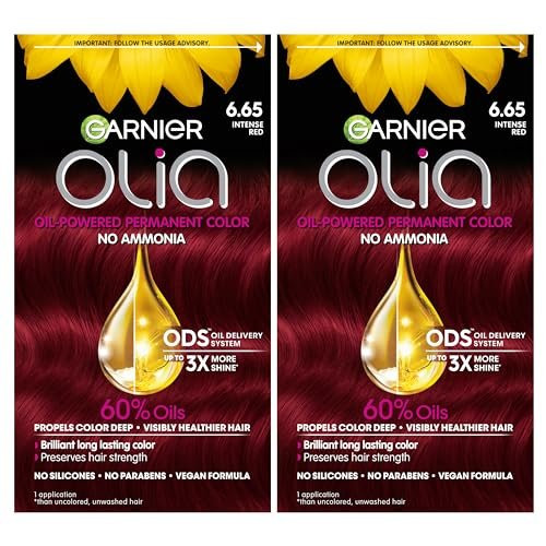 Garnier Olia Hair Color, Oil Powered Ammonia Free Permanent Hair Dye for Long-Lasting Color, 6.65 Intense Red, 2 Dye Kits