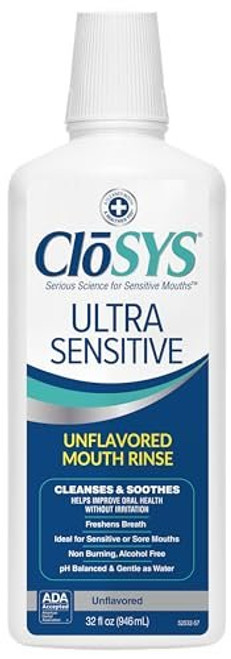 CloSYS Ultra Sensitive Mouthwash, Unflavored Alcohol Free, Dye Free, pH Balanced, Helps Soothe Entire Mouth – 32 Oz CloSYS Ultra Sensitive Mouthwash, Unflavored Alcohol Free, Dye Free, pH Balanced, Helps Soothe Entire Mouth – 32 Oz