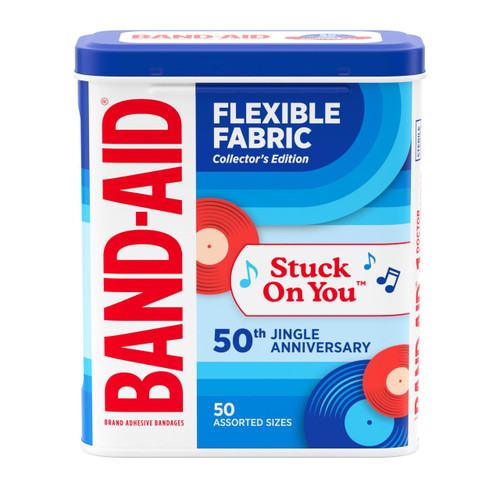 BAND-AID Brand Adhesive Bandages Flexible Fabric, Comfortable Sterile Protection & Wound Care for Minor Cuts & Burns, Jingle Anniversary Tin, Assorted Sizes, 50ct BAND-AID Brand Adhesive Bandages Flexible Fabric, Comfortable Sterile Protection & Wound Care for Minor Cuts & Burns, Jingle Anniversary Tin, Assorted Sizes, 50ct