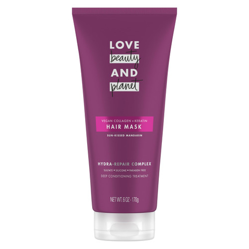 Love Beauty and Planet Hair Mask Deep Conditioning Treatment Vegan Collagen + Keratin & Sun-Kissed Mandarin for Damaged, Fragile Hair Sulfate-free, Silicone-free, & Paraben-Free 6 oz