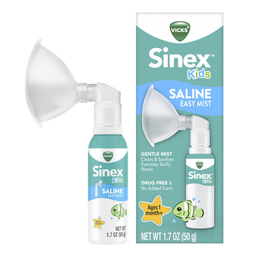 Vicks Sinex Kids Saline Easy Mist, Drug Free Saline, Ages 1 Month+, Gently Clears and Soothes Everyday Stuffy Noses, Safe for Daily Use, 1.7 OZ Vicks Sinex Kids Saline Easy Mist, Drug Free Saline, Ages 1 Month+, Gently Clears and Soothes Everyday Stuffy Noses, Safe for Daily Use, 1.7 OZ