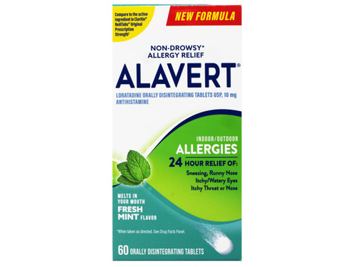 Alavert Allergy 24 Hour Relief, Fresh Mint Flavor, Orally Disintegrating Allergy Tablets, Non-drowsy Antihistamine, Loratadine 10mg, 60 Count Alavert Allergy 24 Hour Relief, Fresh Mint Flavor, Orally Disintegrating Allergy Tablets, Non-drowsy Antihistamine, Loratadine 10mg, 60 Count