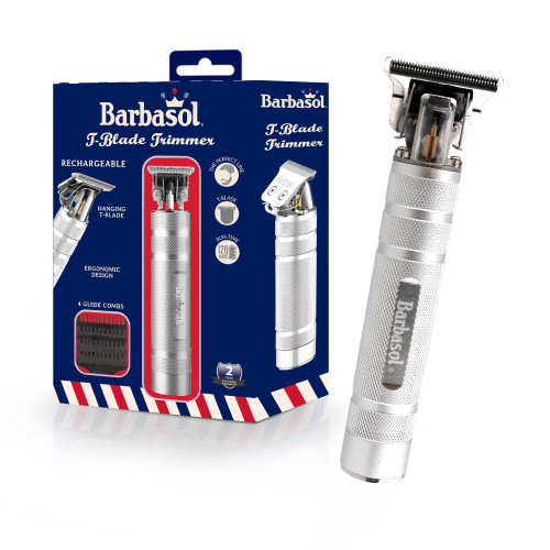 Barbasol Stainless-Steel Rechargeable Zero-Gapped T-Blade Trimmer, Hanging Blade, 3 Guide Combs Barbasol Stainless-Steel Rechargeable Zero-Gapped T-Blade Trimmer, Hanging Blade, 3 Guide Combs
