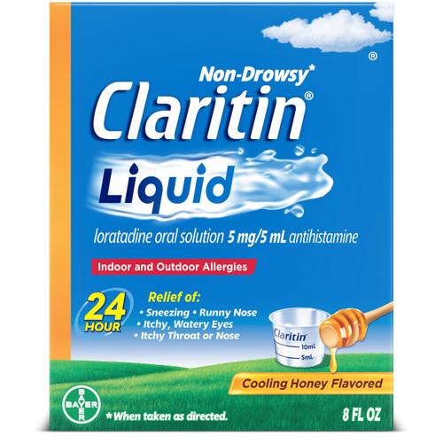 Claritin® Liquid, Allergy Medicine for Adults, 24-Hour Non-Drowsy Loratadine 5mg, Antihistamine, Cooling Honey Flavored, 8 fl. oz Claritin® Liquid, Allergy Medicine for Adults, 24-Hour Non-Drowsy Loratadine 5mg, Antihistamine, Cooling Honey Flavored, 8 fl. oz