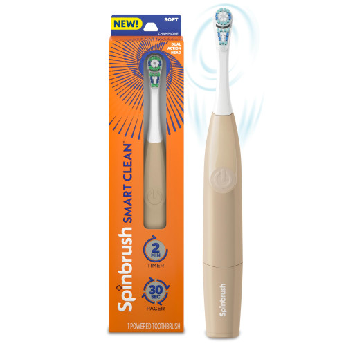 Spinbrush Smart Clean Battery Powered Electric Toothbrush for Adults with Dual Action Head, Pacer & Timer, Champagne, Soft Bristles, 1 Count Spinbrush Smart Clean Battery Powered Electric Toothbrush for Adults with Dual Action Head, Pacer & Timer, Champagne, Soft Bristles, 1 Count