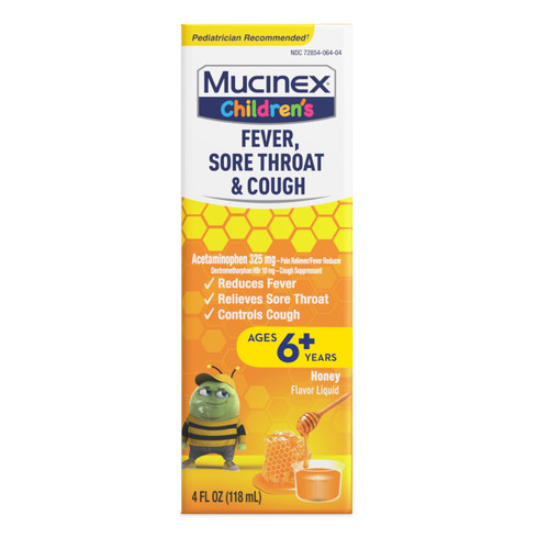 Mucinex Children's Fever, Sore Throat, & Cough Medicine for Multi-Symptom Relief, Honey Flavor Liquid, 4 Fl Oz Mucinex Children's Fever, Sore Throat, & Cough Medicine for Multi-Symptom Relief, Honey Flavor Liquid, 4 Fl Oz