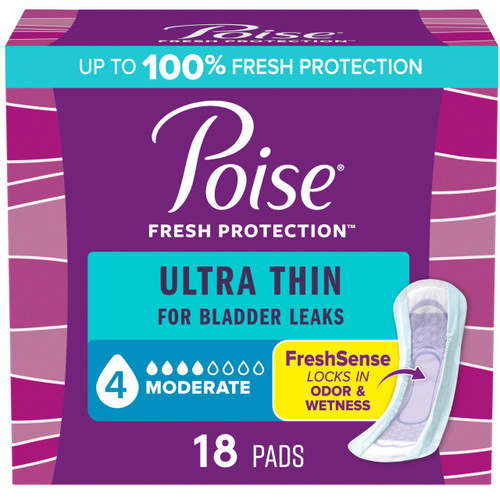 Poise Ultra Thin Incontinence Pads & Postpartum Pads for Bladder Leaks, 4 Drop Moderate Absorbency, Regular Length, 18 Count, Packaging May Vary Poise Ultra Thin Incontinence Pads & Postpartum Pads for Bladder Leaks, 4 Drop Moderate Absorbency, Regular Length, 18 Count, Packaging May Vary