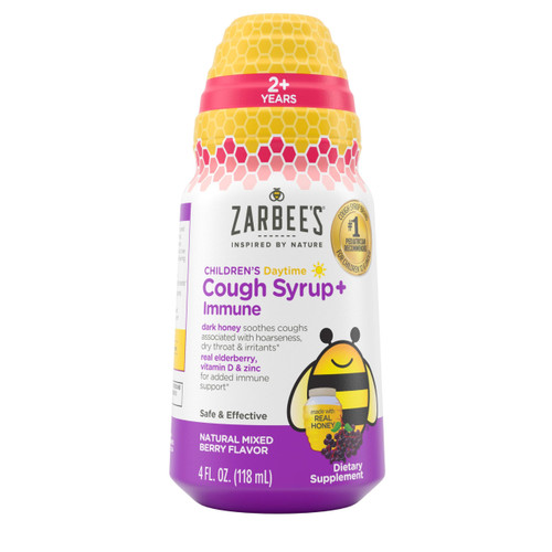 Zarbee's Children's Daytime Honey Cough Syrup + Immune for Kids 2+, Cough Syrup with Soothing Dark Honey, Real Elderberry, Vitamin D & Zinc, Drug & Alcohol-Free, Mixed Berry, 4 fl. oz Zarbee's Children's Daytime Honey Cough Syrup + Immune for Kids 2+, Cough Syrup with Soothing Dark Honey, Real Elderberry, Vitamin D & Zinc, Drug & Alcohol-Free, Mixed Berry, 4 fl. oz