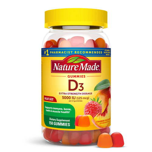 Nature Made Vitamin D3 5000 IU Per Serving Gummies Extra Strength, Bone and Immune Health Support, 150 Vitamin D Gummies for Adults, 75 Day Supply Nature Made Vitamin D3 5000 IU Per Serving Gummies Extra Strength, Bone and Immune Health Support, 150 Vitamin D Gummies for Adults, 75 Day Supply
