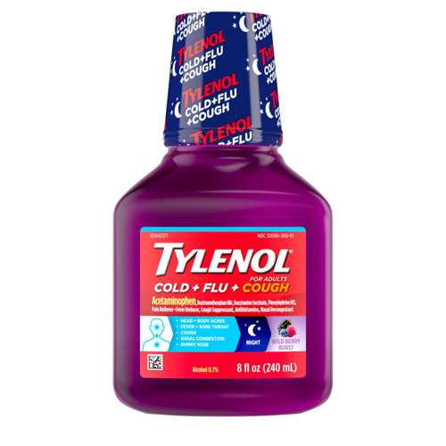 Tylenol Cold + Flu + Cough Night Liquid Medicine with Acetaminophen Pain Reliever & Fever Reducer, Cough Suppressant, Nasal Decongestant & Antihistamine, Wild Berry Burst Flavor, 8 fl. oz Tylenol Cold + Flu + Cough Night Liquid Medicine with Acetaminophen Pain Reliever & Fever Reducer, Cough Suppressant, Nasal Decongestant & Antihistamine, Wild Berry Burst Flavor, 8 fl. oz