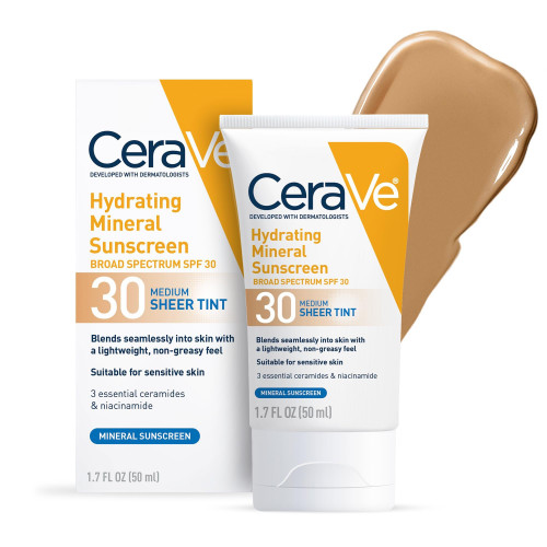 CeraVe Hydrating Mineral Sunscreen SPF 30 with Sheer Tint, Tinted Mineral Sunscreen with Zinc Oxide & Titanium Dioxide, Blends Seamlessly For Healthy Glow, Medium, 1.7 Fluid Ounce CeraVe Hydrating Mineral Sunscreen SPF 30 with Sheer Tint, Tinted Mineral Sunscreen with Zinc Oxide & Titanium Dioxide, Blends Seamlessly For Healthy Glow, Medium, 1.7 Fluid Ounce