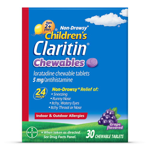Children's Claritin Chewables 24 Hour Allergy Relief, Non Drowsy Kids Allergy Medicine, Grape Antihistamine Chewable Tablets, 30 Count Children's Claritin Chewables 24 Hour Allergy Relief, Non Drowsy Kids Allergy Medicine, Grape Antihistamine Chewable Tablets, 30 Count