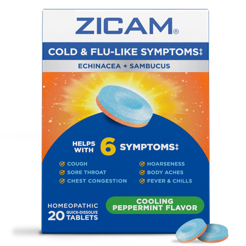 Zicam Cold & Flu-Like Symptoms with Echinacea and Sambucus, Homeopathic, Zinc, Cooling Peppermint Flavor, Helps with Cold Symptoms, 20 Tablets Zicam Cold & Flu-Like Symptoms with Echinacea and Sambucus, Homeopathic, Zinc, Cooling Peppermint Flavor, Helps with Cold Symptoms, 20 Tablets