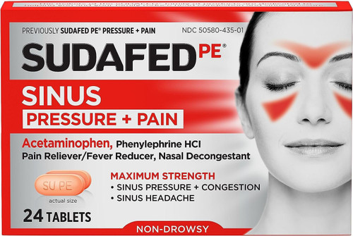 Sudafed PE Sinus Pressure + Pain Relief Tablets, Maximum Strength, Non-Drowsy, Acetaminophen, Pain Reliever, Fever Reducer, Phenylephrine HCl, Decongestant, Sinus Congestion Relief; 24 ct; Pack of 1 Sudafed PE Sinus Pressure + Pain Relief Tablets, Maximum Strength, Non-Drowsy, Acetaminophen, Pain Reliever, Fever Reducer, Phenylephrine HCl, Decongestant, Sinus Congestion Relief; 24 ct; Pack of 1