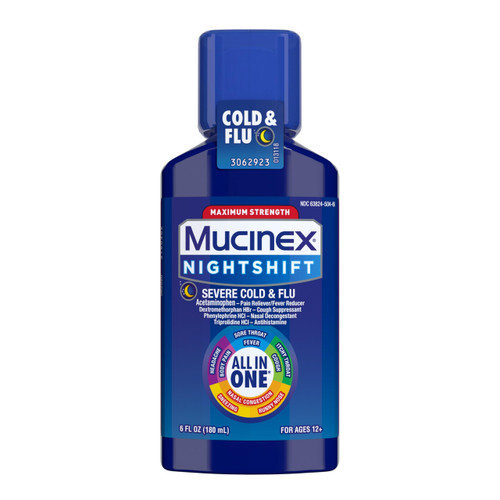 Mucinex Nightshift Maximum Strength Severe Cold & Flu, Nighttime Multi-Symptom Relief, Pain Reliever, Fever Reducer, Cough Suppressant, Nasal Decongestant, Antihistamine, 6 FL OZ Mucinex Nightshift Maximum Strength Severe Cold & Flu, Nighttime Multi-Symptom Relief, Pain Reliever, Fever Reducer, Cough Suppressant, Nasal Decongestant, Antihistamine, 6 FL OZ