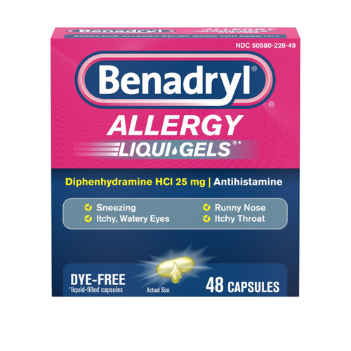 Benadryl Liqui-Gels Antihistamine Allergy Medicine & Cold Symptom Relief, Dye-Free Liquid Gels with 25 mg of Diphenhydramine HCl for Symptoms Such As, Runny Nose, Sneezing & More, 48 ct Benadryl Liqui-Gels Antihistamine Allergy Medicine & Cold Symptom Relief, Dye-Free Liquid Gels with 25 mg of Diphenhydramine HCl for Symptoms Such As, Runny Nose, Sneezing & More, 48 ct