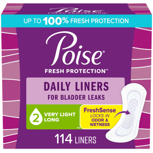 Poise Daily Liners, Incontinence Panty Liners for Bladder Leaks, 2 Drop Very Light Absorbency, Long Length, 114 Count of Pantiliners, Packaging May Vary