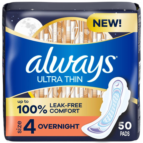 Always Ultra Thin Pads Size 4 Overnight Absorbency Unscented with Wings, 50 Ct