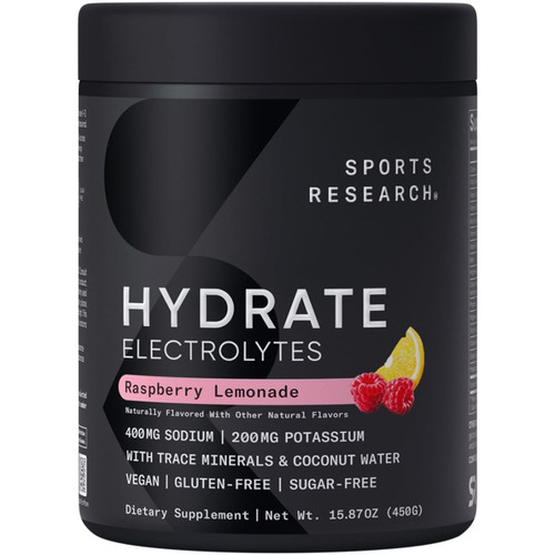 Sports Research® Hydrate Electrolytes Powder Packets - Sugar-Free & Naturally Flavored with Vitamins, Minerals, and Coconut Water - Supports Hydration - 16 Packets - Raspberry Lemonade