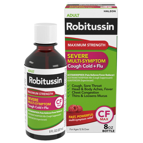 Robitussin Maximum Strength CF Max, Severe Multi-Symptom Daytime and Nighttime Relief from Cough, Cold, and Flu, Adult Formula, 8 fl oz Robitussin Maximum Strength CF Max, Severe Multi-Symptom Daytime and Nighttime Relief from Cough, Cold, and Flu, Adult Formula, 8 fl oz
