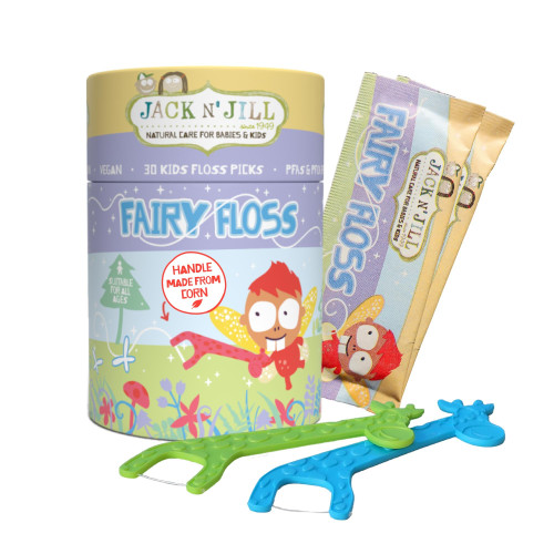 Jack N' Jill Fairy Floss Dental Flossers - Slides Easily Between Teeth, Handles Made from Plants (Corn), Make Flossing Fun for Kids, Kids First Floss, Vegan - 30 Individually Wrapped Flossers