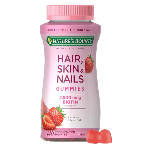 Nature's Bounty Hair, Skin & Nails with Biotin, Strawberry Gummies Vitamin Supplement, Supports Hair, Skin, and Nail Health for Women, 2500 mcg, 140 Ct, 70 Total Servings