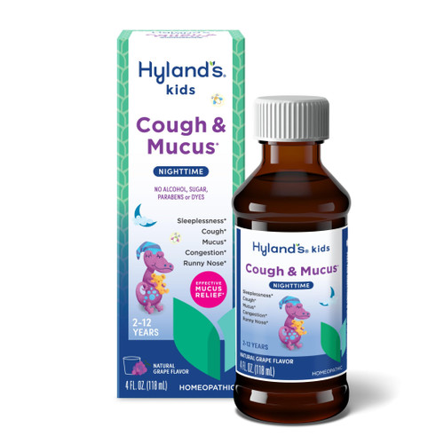 Hyland's Kids Nighttime Cough Syrup and Mucus Relief, Kids Medicine for Ages 2-12, Grape Flavor, Promotes Sleep, Cough, Runny Nose, Mucus and Congestion, Ounces
