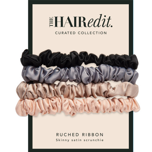 The Hair Edit Ruched Ribbon Satin Scrunchies – Skinny Multi-Colored Hair Scrunchies With A Silk-Like Finish