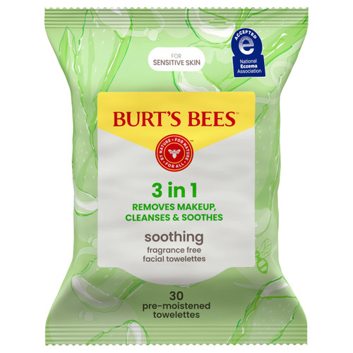 Burt’s Bees Soothing, Fragrance Free Facial Towelettes for Sensitive Skin, Aloe Vera, 100% Plant Based Cloths; 99% Natural Origin; Removes Makeup, Dirt and Oil; No Rinsing (Pack May Vary)