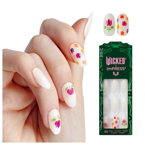 WICKED X imPRESS Press On Nails, New Improved Adhesive, Up To 10 Day Hold, ‘Beautifical’, White, Medium Oval, Includes 30 Fake Nails, 1 Prep Pad, 1 Manicure Stick, 1 Mini File