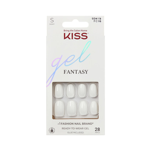 KISS Gel Fantasy, Press On Nails, Nail glue included, 'Happy Hands', White, Short Size, Oval Shape, Includes 28 Nails, 2g glue, 1 Manicure Stick, 1 Mini File
