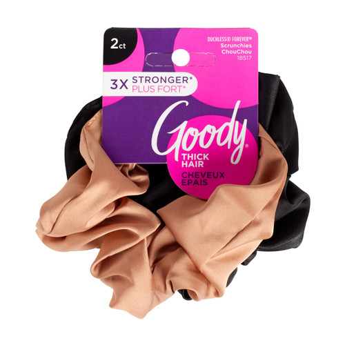 Goody Ouchless Forever Satin Scrunchies, 2 Ct, Brown & Black, 3X Stronger Damage-Free Hold Hair Scrunchies, 16 Strand Inner Core, Styling Accessories for Women & Men, For Medium-Thick Hair
