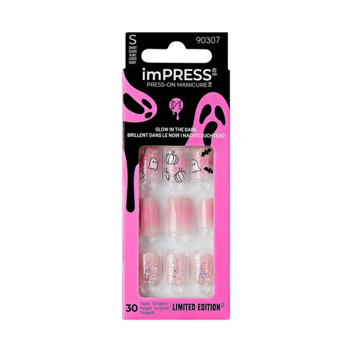 KISS imPRESS Press-On Manicure Halloween, Pink, Short Length, Square Shape, PureFit Technology, Chip Proof, Smudge Proof, Waterproof, Prep Pad, Mini Nail File, Manicure Stick & 30 Fake Nails