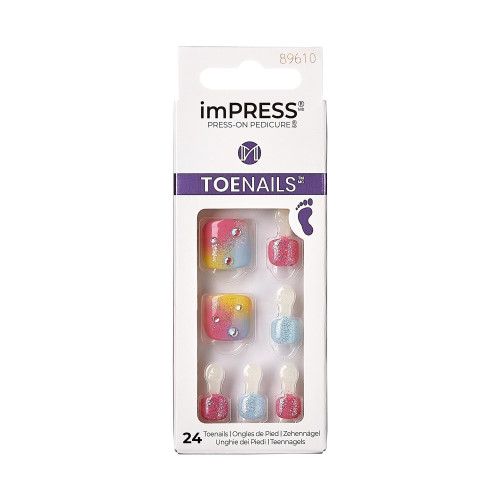 KISS imPRESS No Glue Pedi Press-On Toenails, Rainbow color with Rhinestone, Pink, Light Blue, Glitter, Squoval Shape, Includes 24 Nails, Prep Pad, 1 Manicure Stick, 1 Mini File